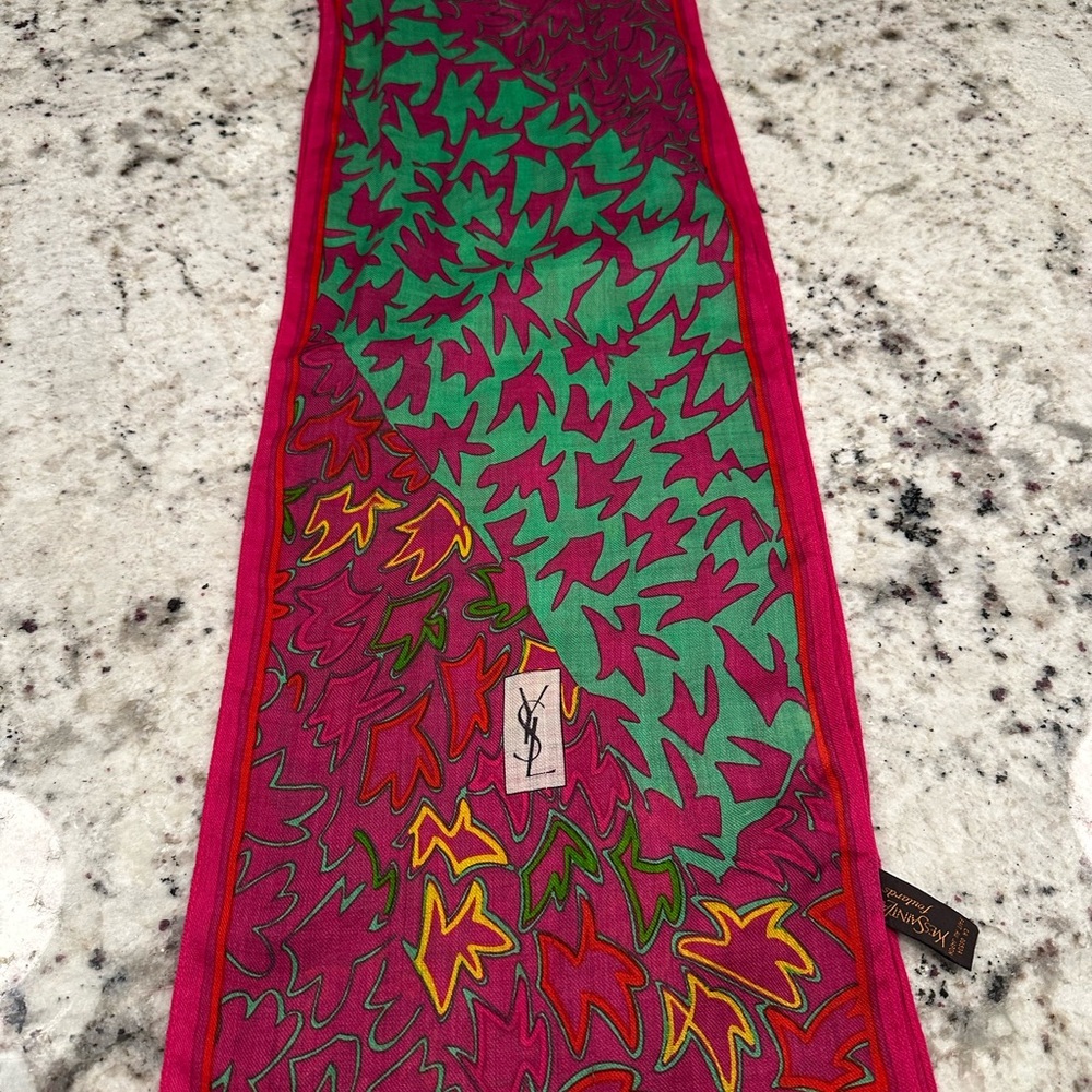 YSL Pink and Green Leaf Pattern Scarf